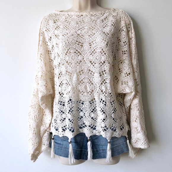 Cream Crochet Lace Knit Long Bell Sleeve Boho Top - Picture 4 of 5